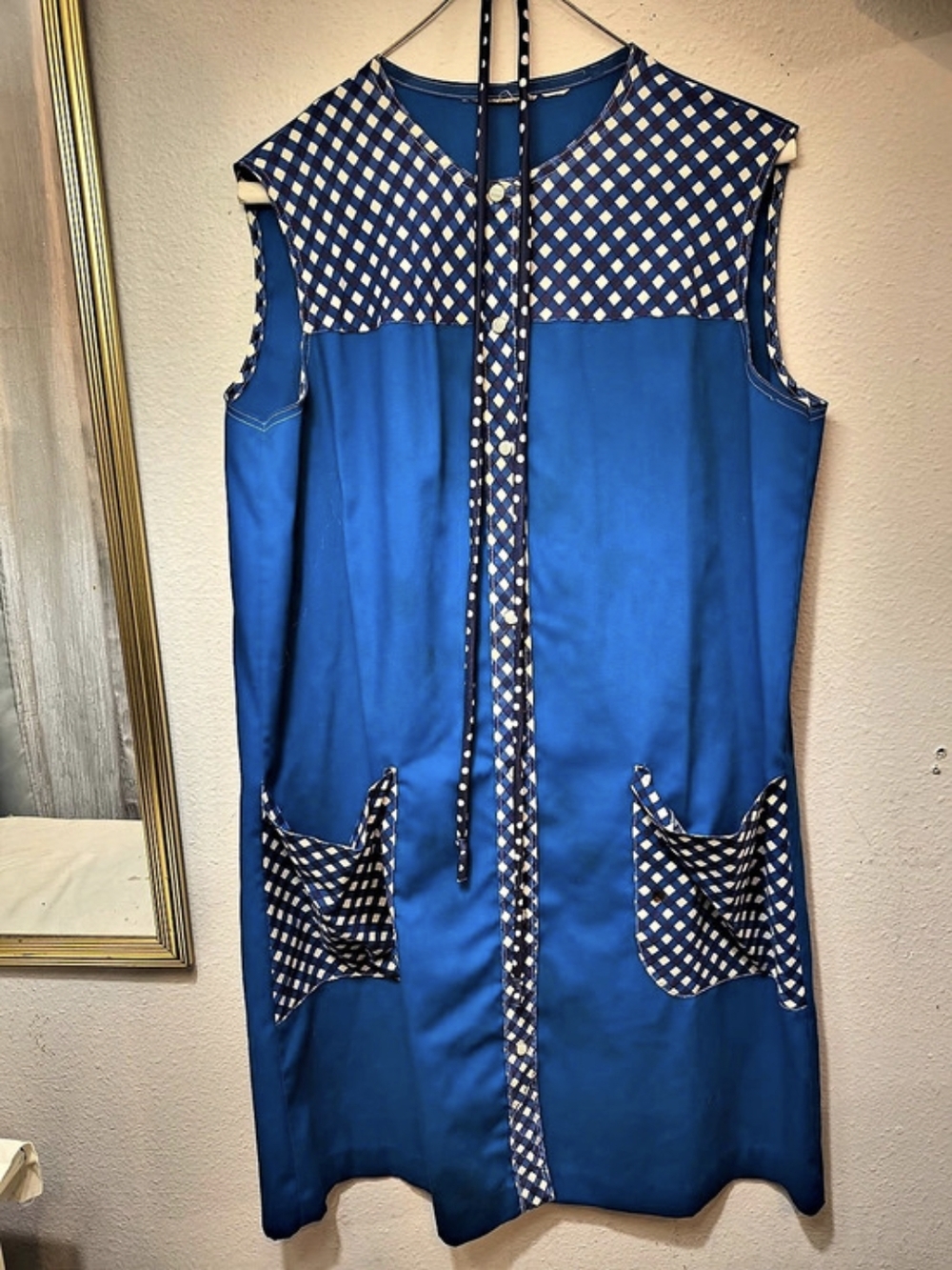 1960s Vintage Blue Mod Shift Dress – Geometric Check, Oversized Pockets, M